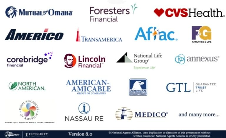 Insurance carrier partners including Mutual of Omaha, Foresters Financial, CVS Health, Americo, Transamerica, Aflac, and many more